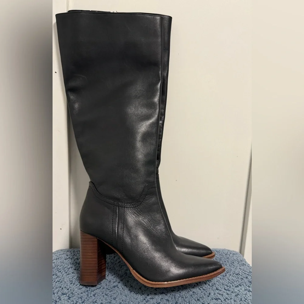 Sleek Black Leather Heeled Boots Vince Camuto Eckina Knee High Boot size 8 - Picture 3 of 7